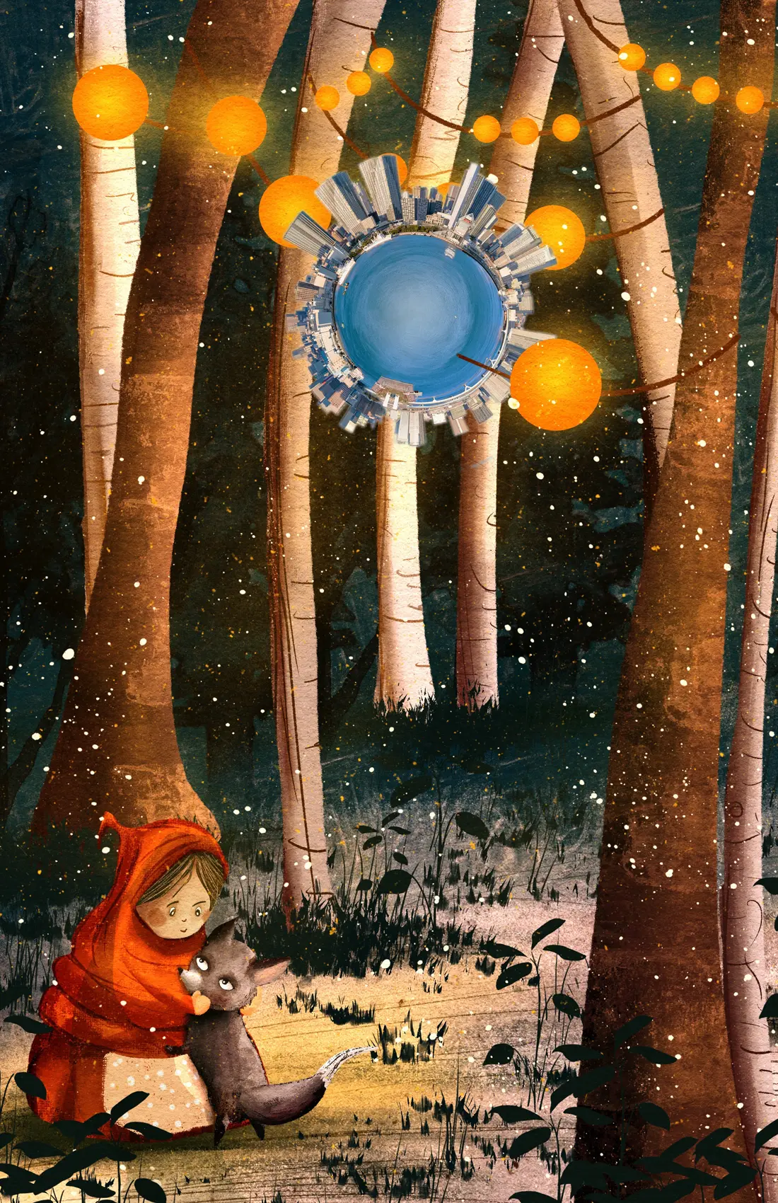 Funny innovators illo shows a little girl and wolf beneath a funny set of lights in a forest